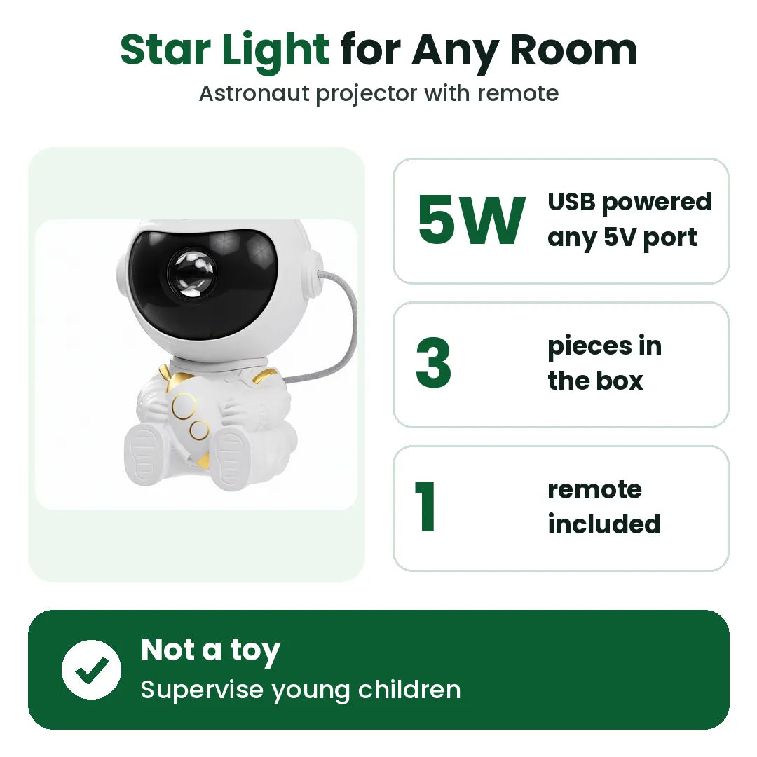 Astronaut galaxy projector night light with remote, 5W USB powered, three pieces in the box
