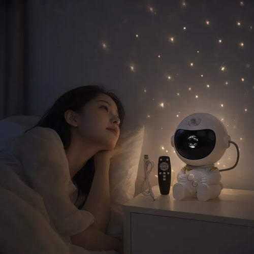 Mujer en la cama viendo la luz suave de un proyector de astronauta en el buró
