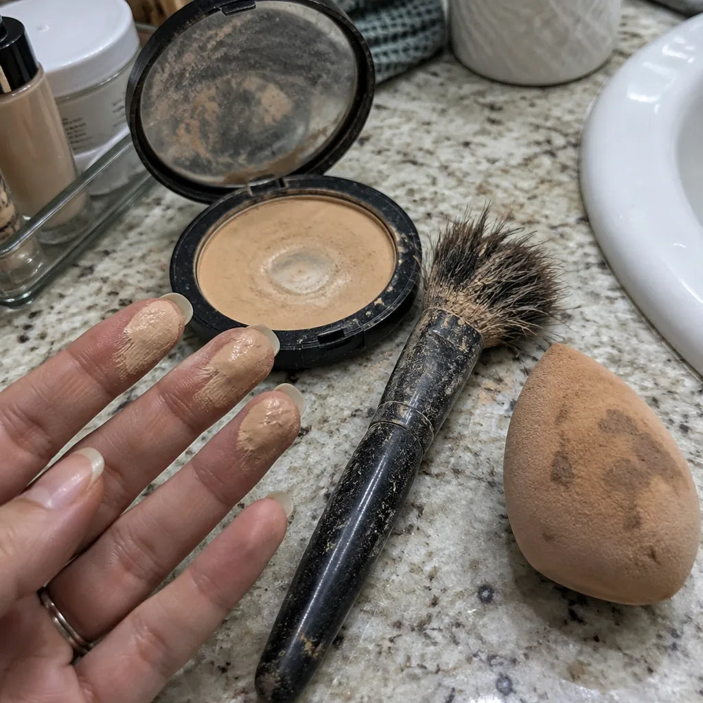 Foundation an den Fingerspitzen neben einem alten, ausgefransten Pinsel und einem fleckigen Schwämmchen am Lavabo