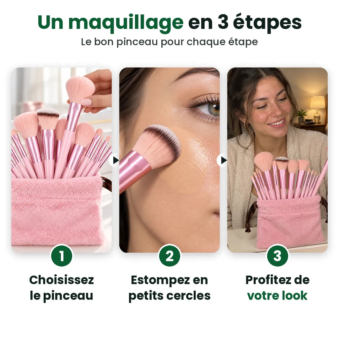 Trois étapes avec un kit pinceaux maquillage : choisir le pinceau, estomper, profiter du résultat