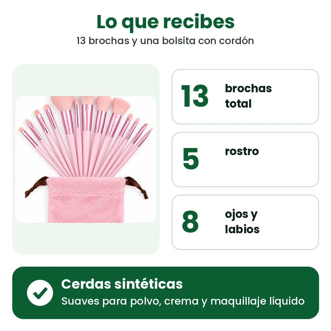 Lo que recibes en el set de brochas: 13 brochas, 5 para rostro, 8 para ojos y labios, cerdas sintéticas