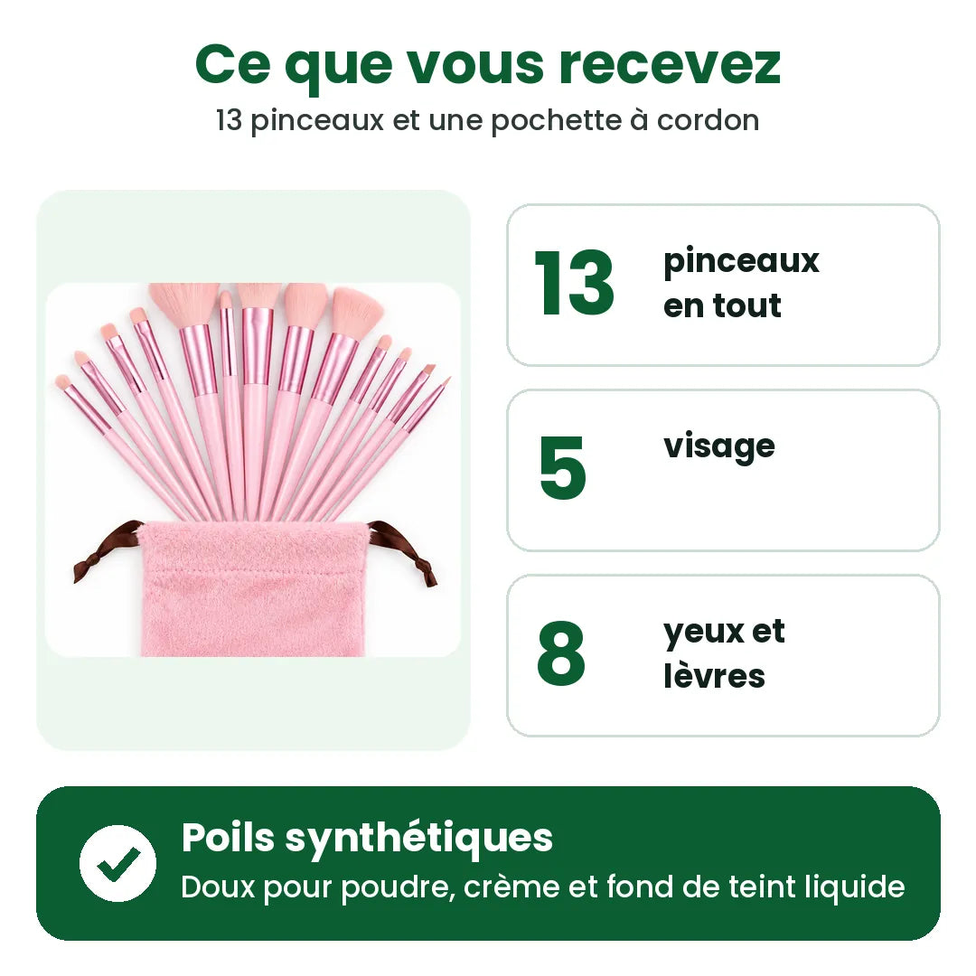 Contenu de l'ensemble de pinceaux maquillage : 13 pinceaux, 5 visage, 8 yeux et lèvres, poils synthétiques