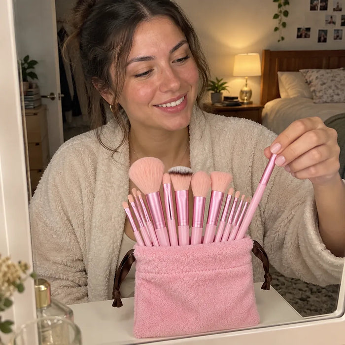 Lächelnde Frau mit fertigem Make-up steckt einen Augenpinsel zurück in ihr rosa Pinsel Set