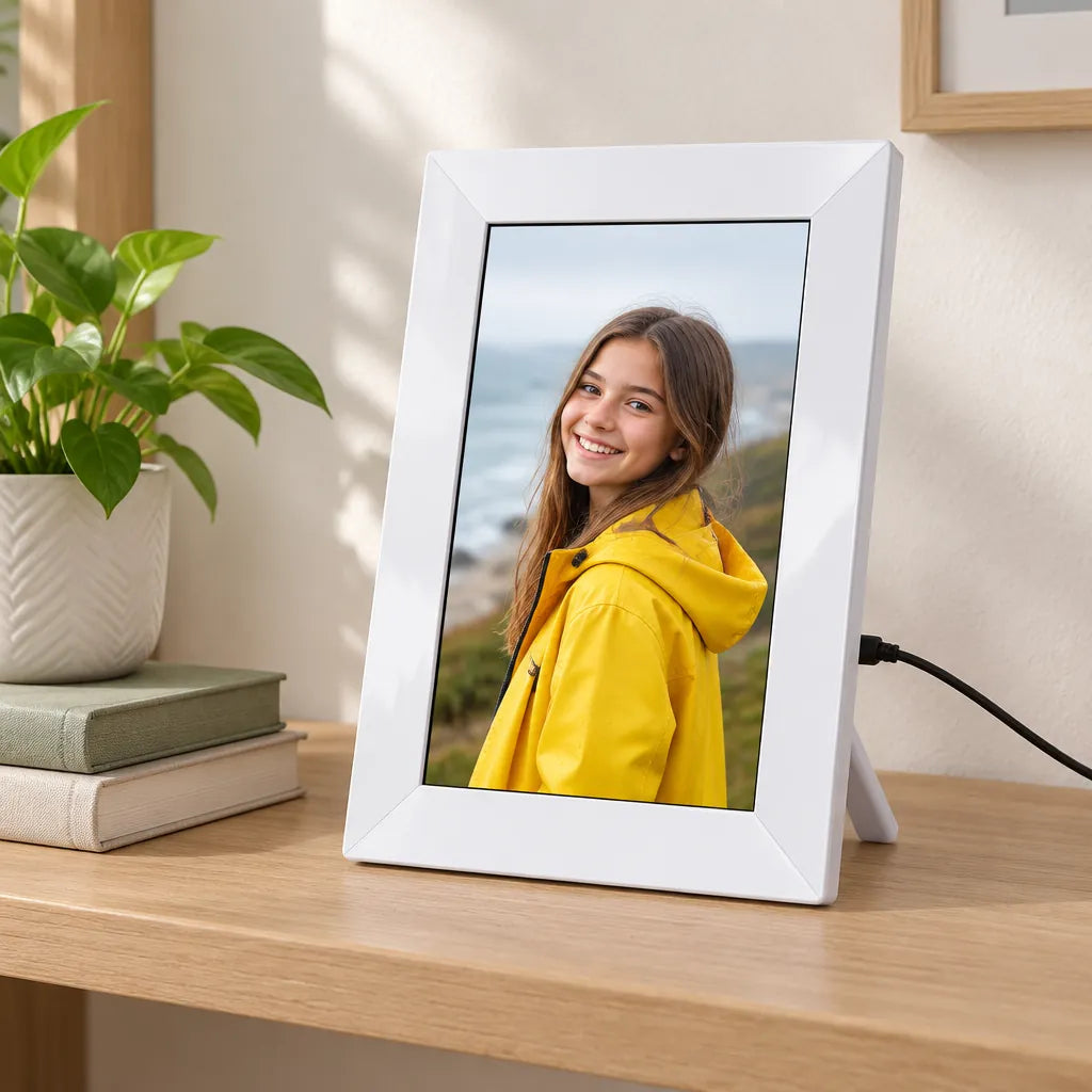 White digital frame standing upright in portrait on a shelf, showing a girl in a yellow raincoat