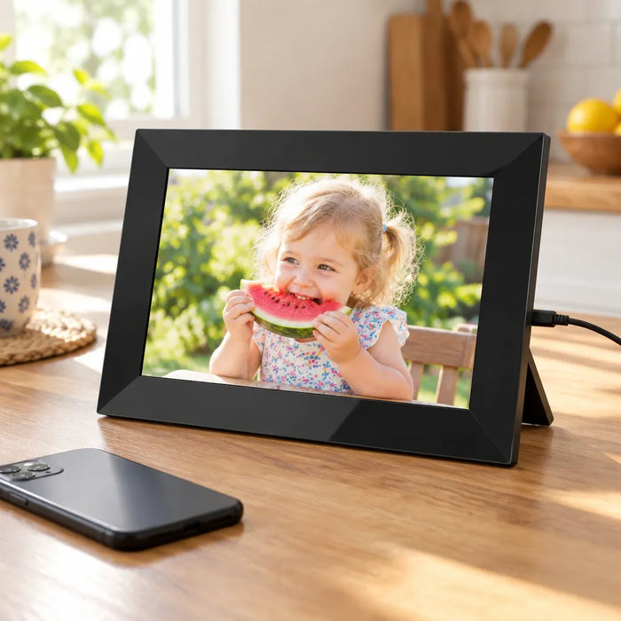 New photo of a toddler eating watermelon on a black digital photo frame on a kitchen table