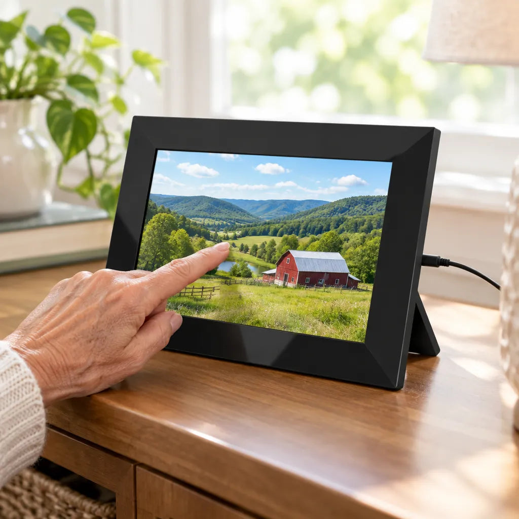 Finger swiping to the next photo on a touch screen picture frame showing a red barn in green hills