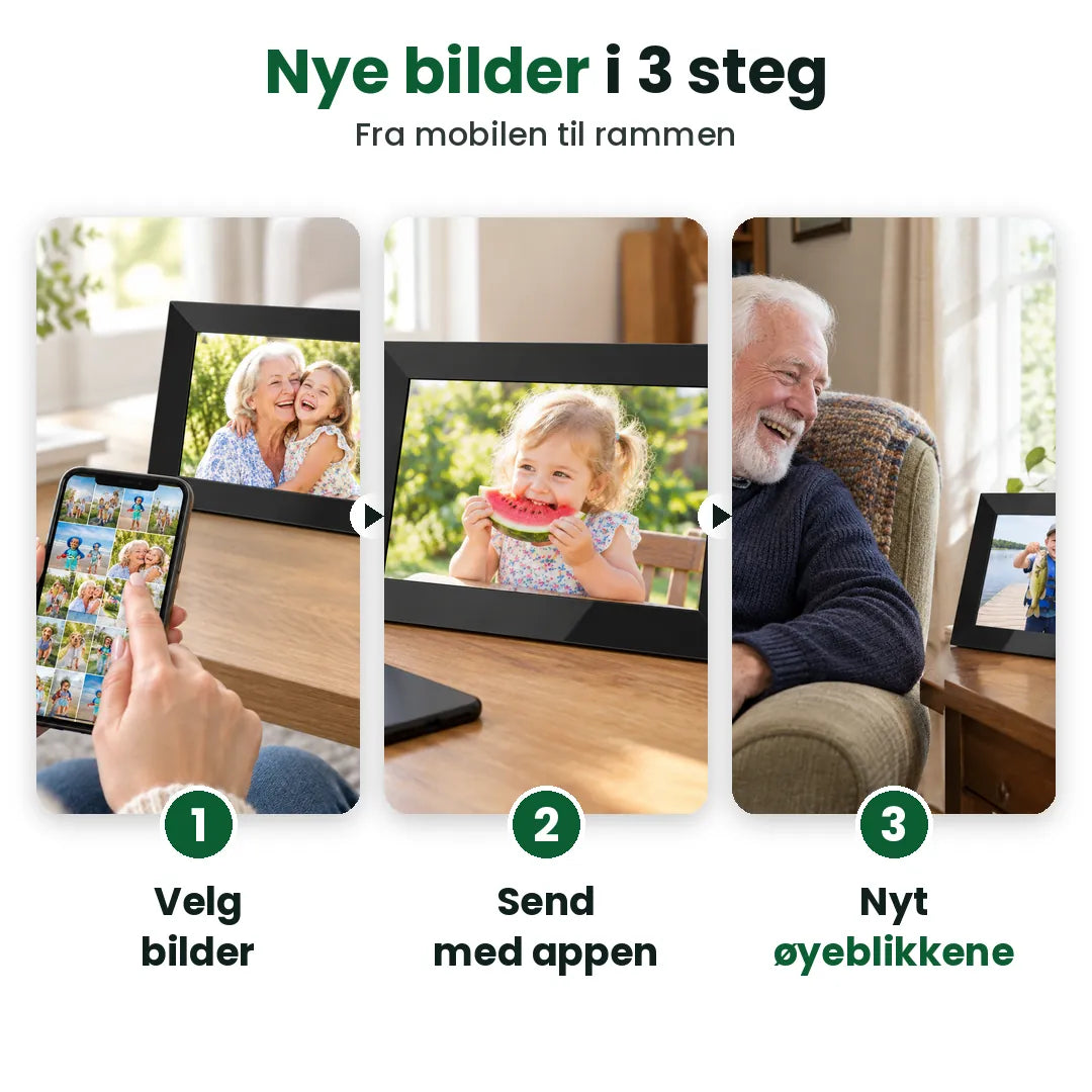 Slik fungerer den digitale rammen med WiFi: velg bilder på mobilen, send med appen, nyt dem