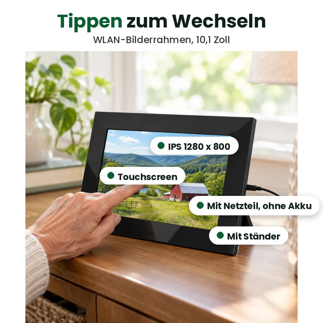 Merkmale des digitalen Bilderrahmens: 10,1-Zoll-Touchscreen, IPS 1280 x 800, Ständer inklusive