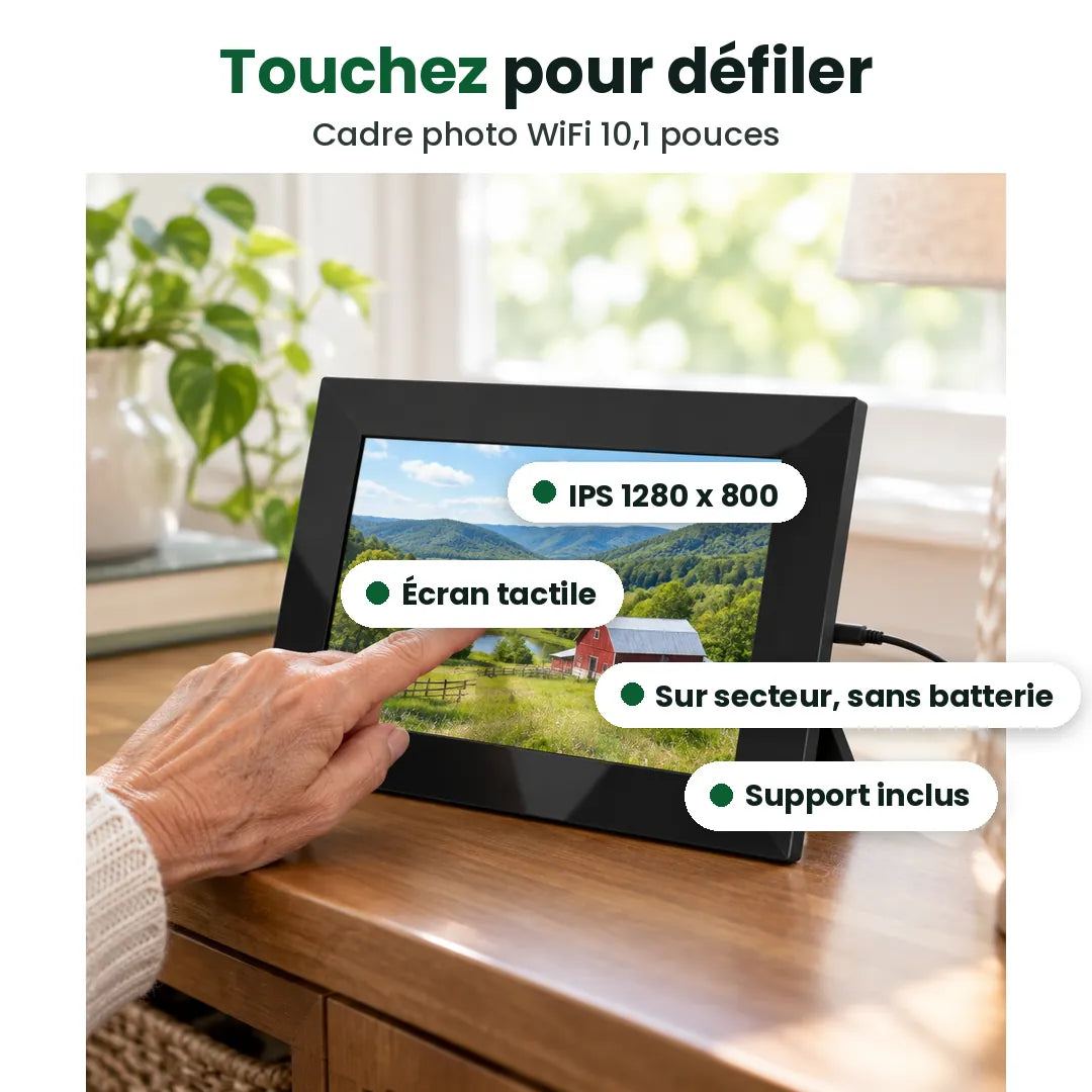 Caractéristiques du cadre photo numérique : écran tactile 10,1 pouces, IPS 1280 x 800, support inclus