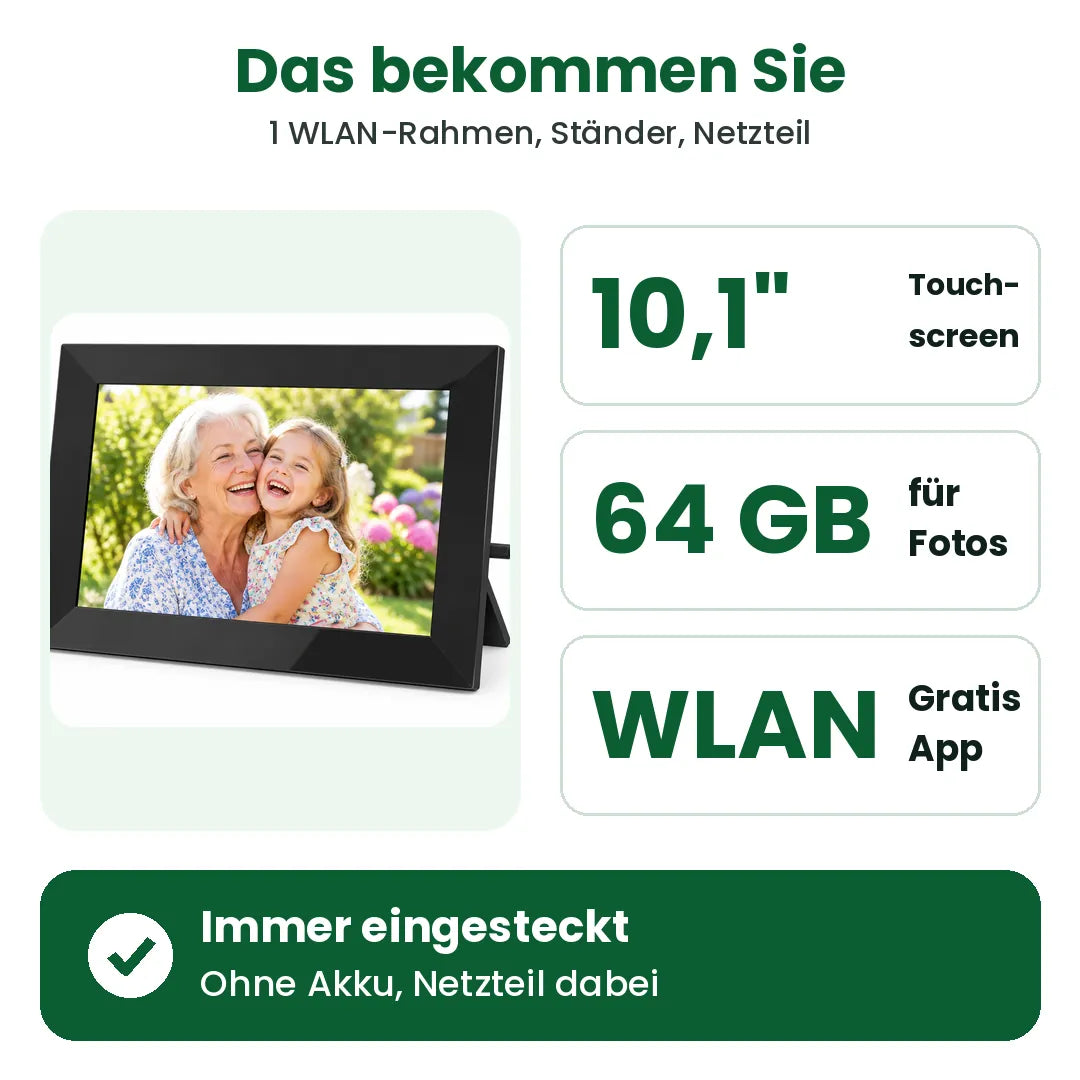 Das bekommen Sie mit dem digitalen Bilderrahmen: 10,1-Zoll-Touchscreen, 64 GB, WLAN und Gratis-App