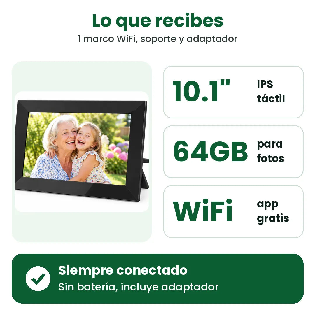 Lo que recibes con el portarretrato digital: pantalla táctil de 10.1 pulgadas, 64GB, WiFi y app gratis