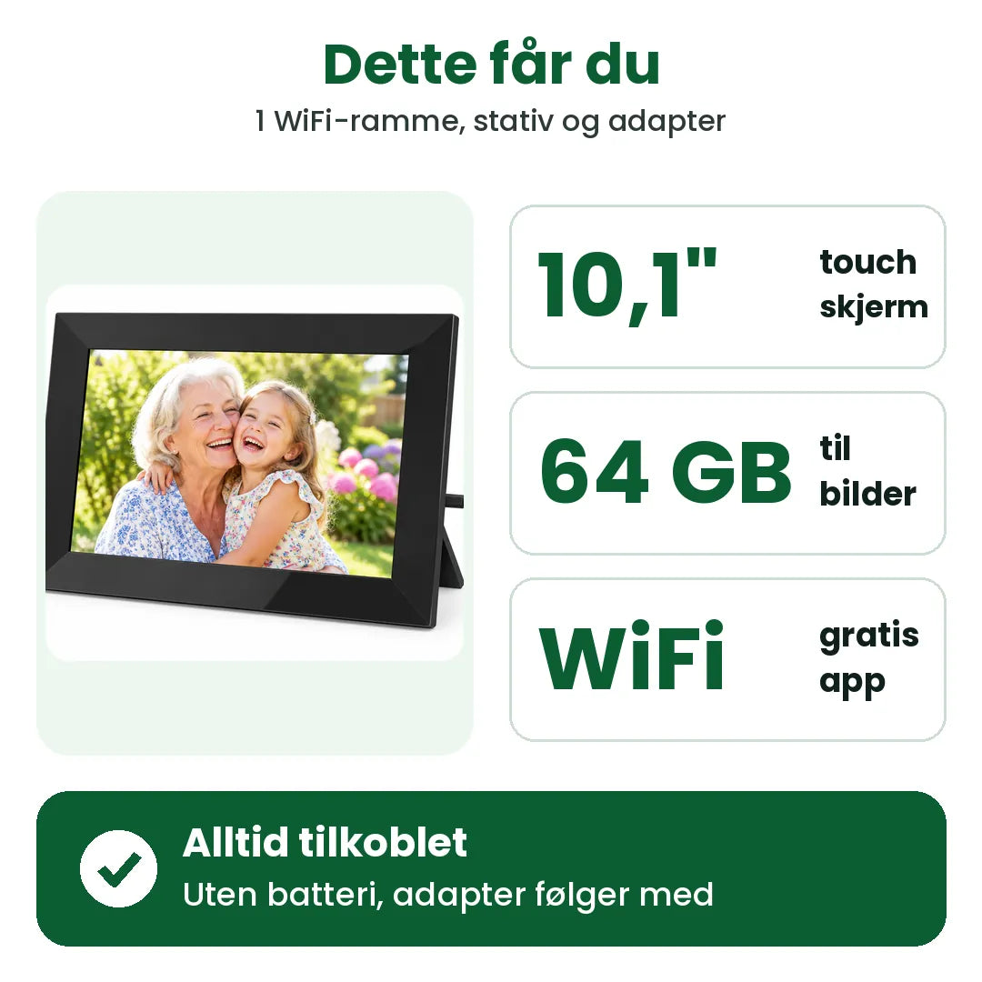 Dette får du med den digitale fotorammen: 10,1-tommers berøringsskjerm, 64 GB, WiFi og gratis app