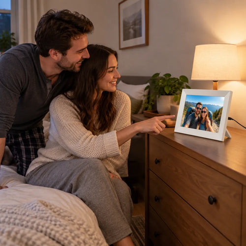 Couple in their bedroom pointing at a hiking photo on a white WiFi digital photo frame