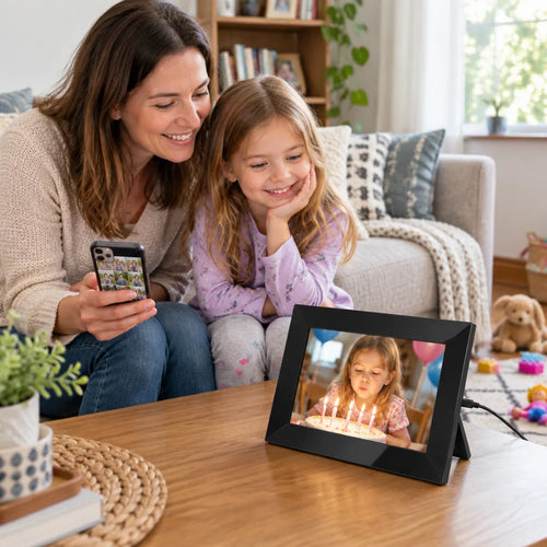 Mother and daughter on the sofa looking at a birthday photo on a digital picture frame