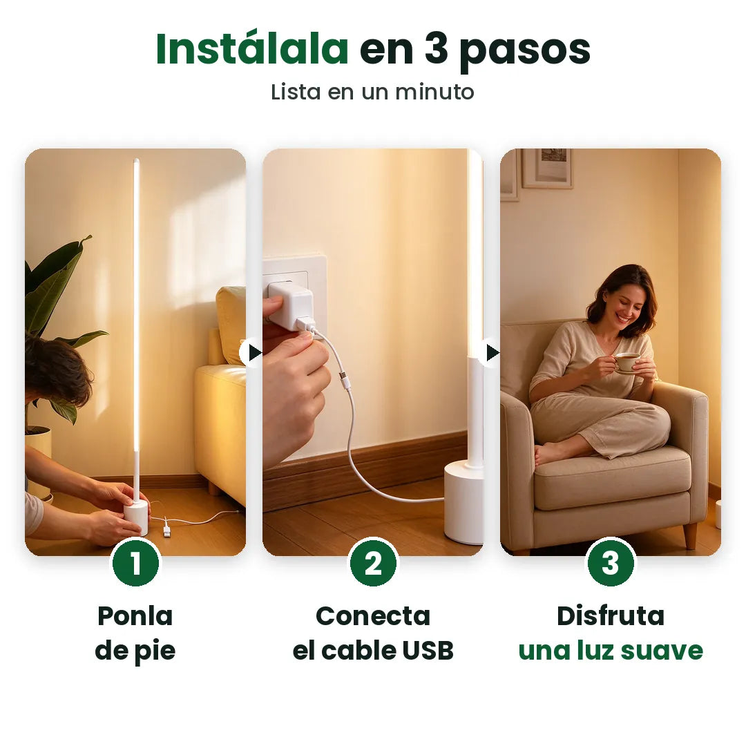 Tres pasos para instalar una lámpara de pie LED delgada: ponla, conéctala y disfruta