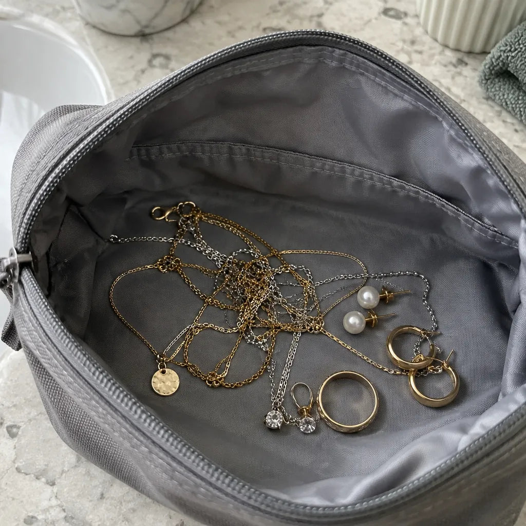 Tangled necklaces, loose earrings and rings at the bottom of a toiletry bag