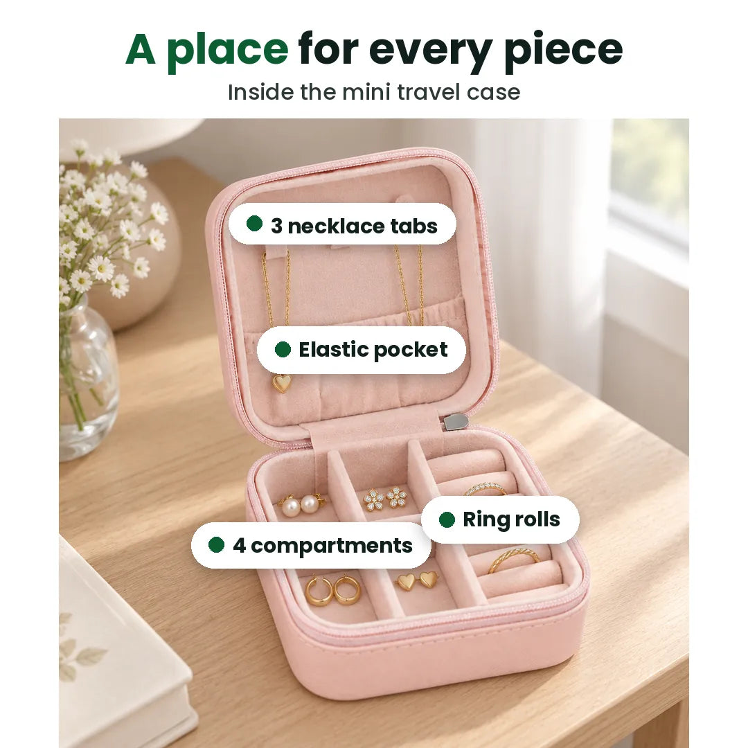 Inside the travel jewelry case: 3 necklace tabs, elastic pocket, 4 compartments and ring rolls