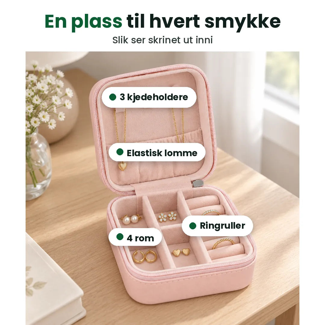 Inni reisesmykkeskrinet: 3 kjedeholdere, elastisk lomme, 4 rom og ringruller