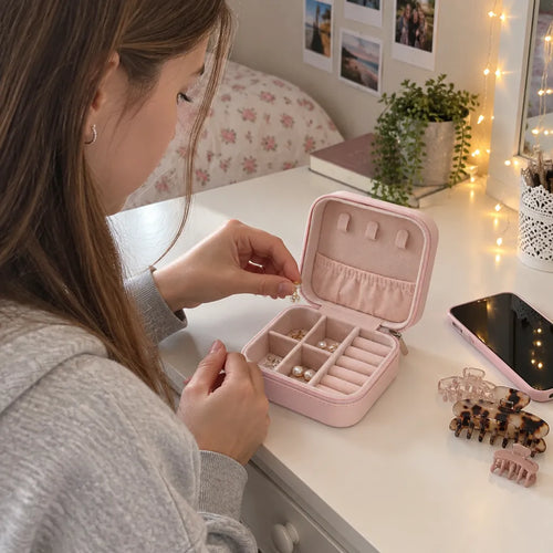 Teen girl putting earrings into a pink jewelry box for girls at her bedroom dresser