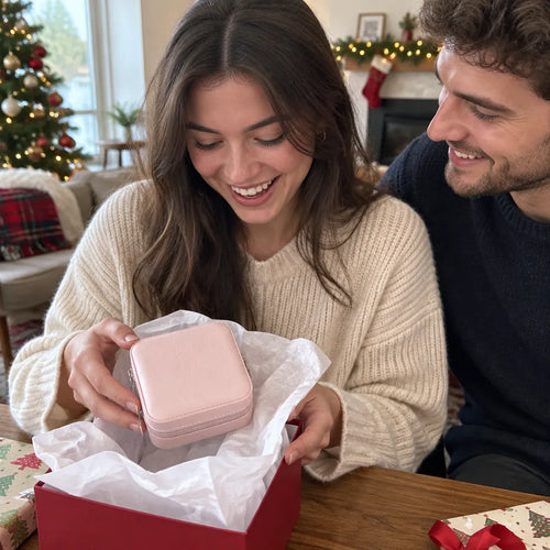Woman unwrapping a pink jewelry case as a Christmas gift with her partner