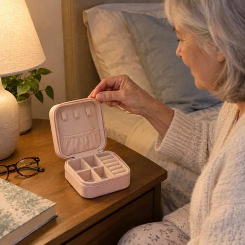 Woman in her 60s placing a necklace in a small jewelry box on her nightstand at bedtime