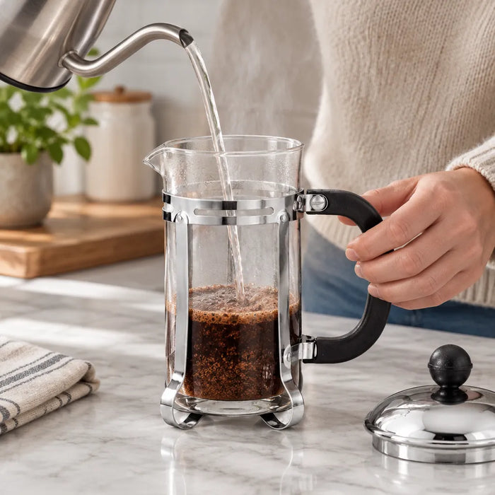Pouring hot water over ground coffee into a glass French press on a kitchen counter