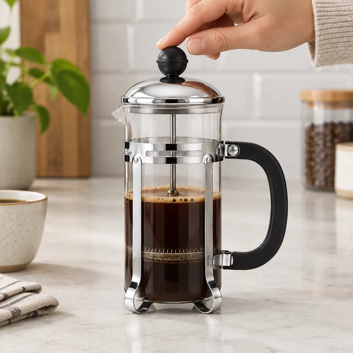 Hand pressing down the plunger of a French press coffee maker filled with brewed coffee