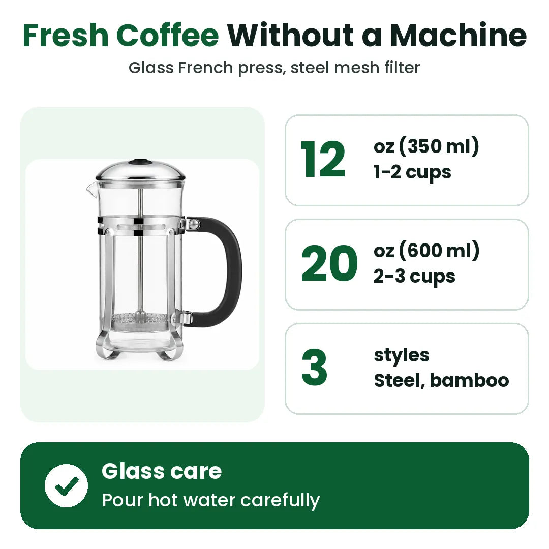 Glass French press coffee maker in 12 oz and 20 oz sizes with its key details
