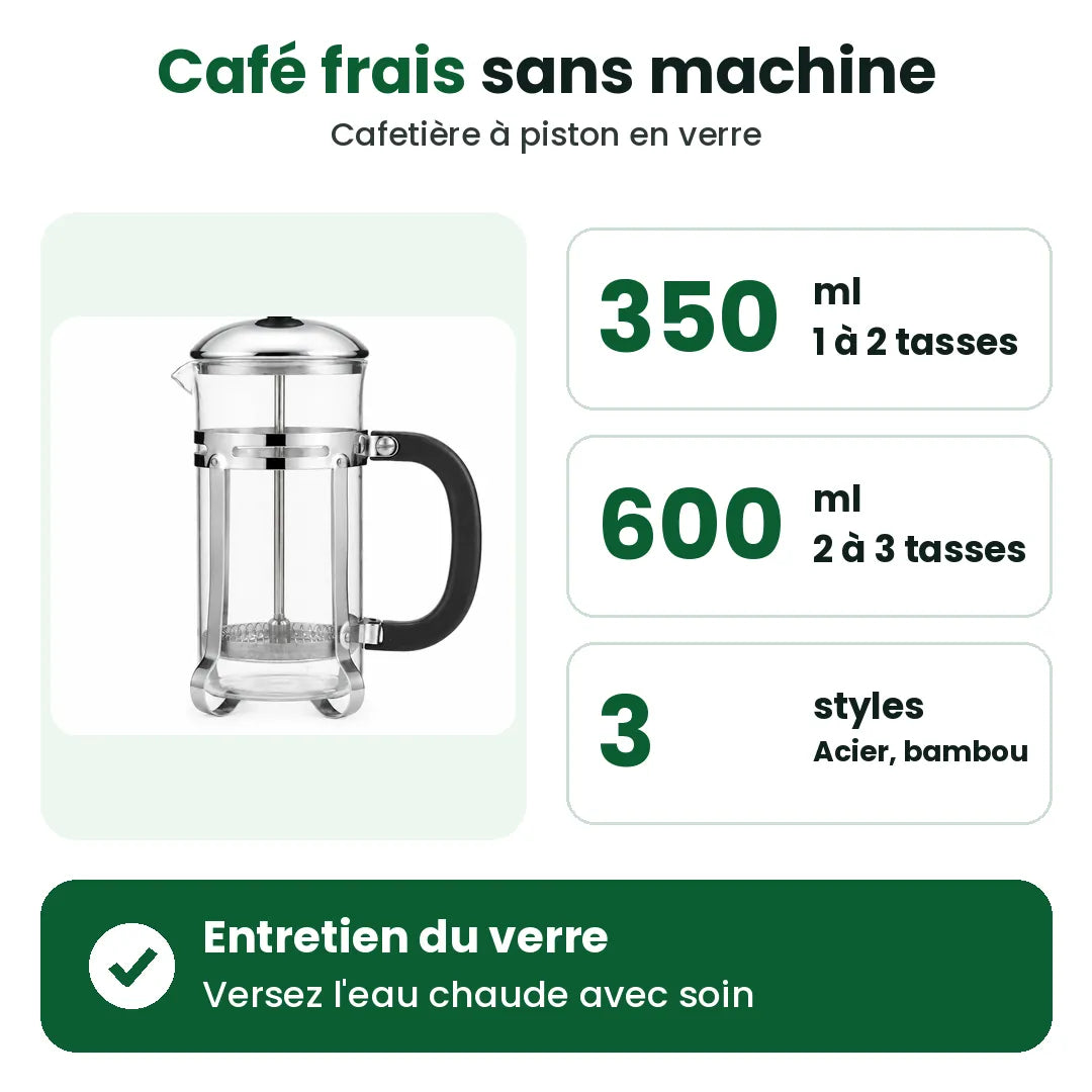 Cafetière à piston en verre en formats 350 ml et 600 ml avec ses points clés