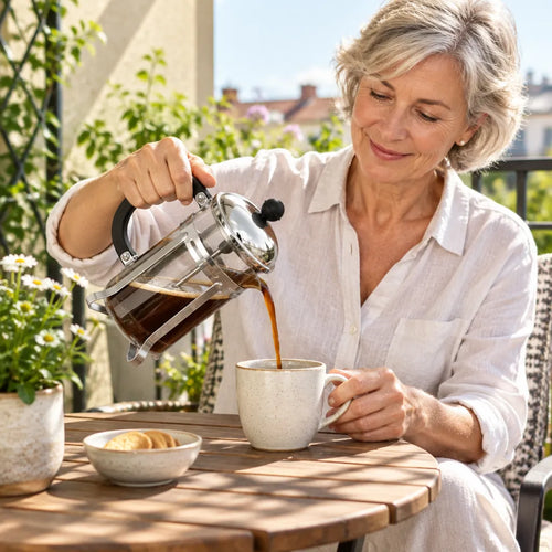 Older woman pouring coffee from a French press coffee maker into a cup on a sunny balcony