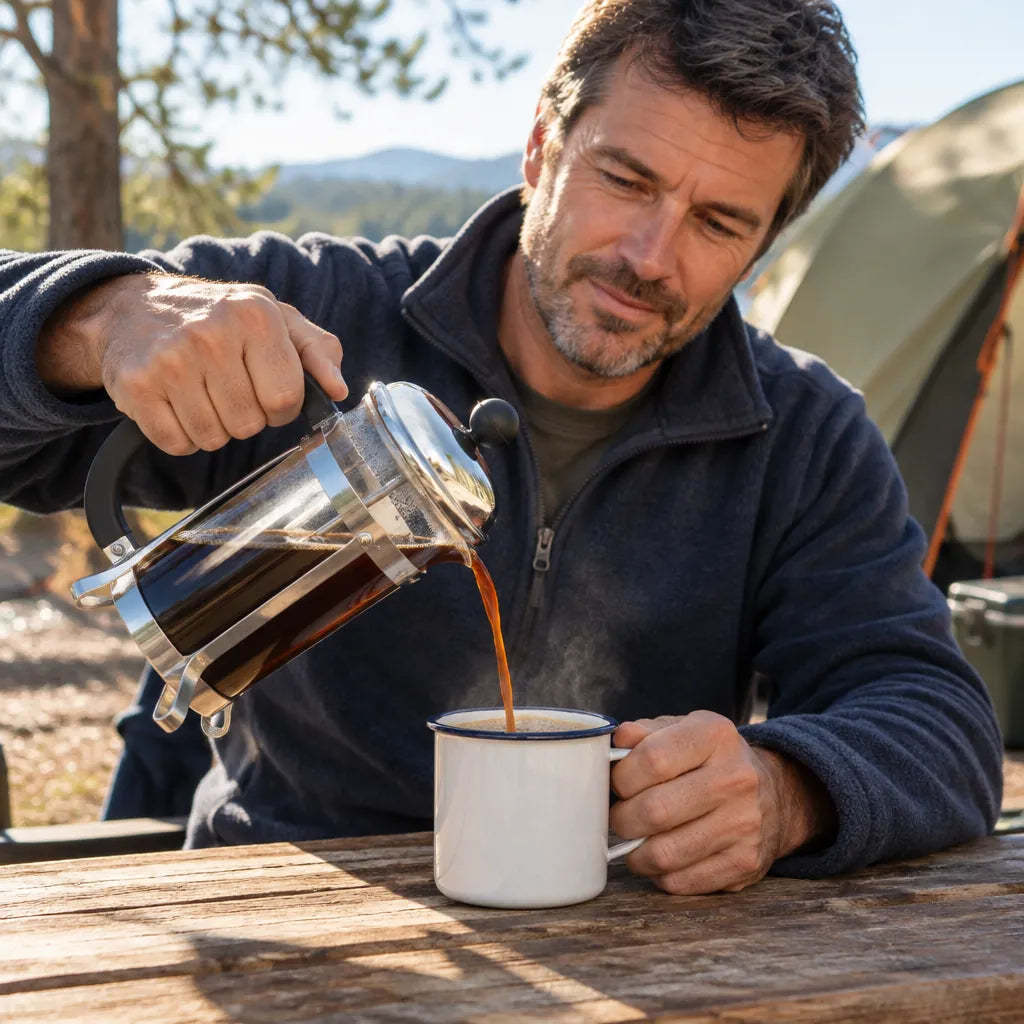Man pouring coffee from a camping French press into an enamel mug at a campsite
