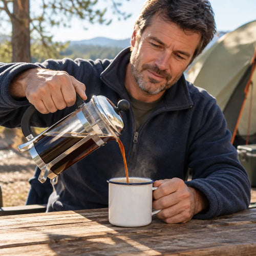 Man pouring coffee from a camping French press into an enamel mug at a campsite