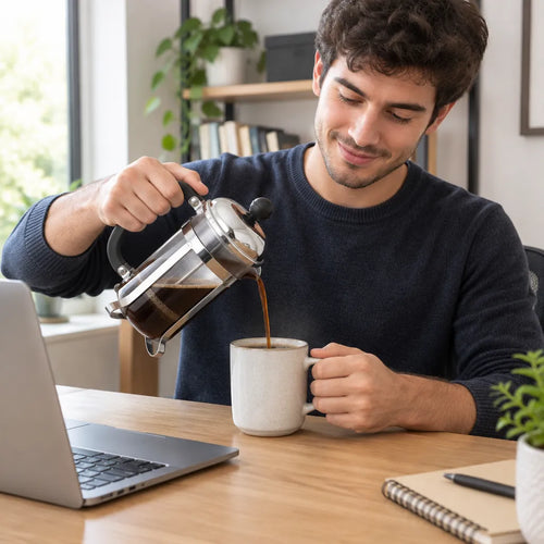 Young man pouring coffee from a glass French press into a mug at his home office desk