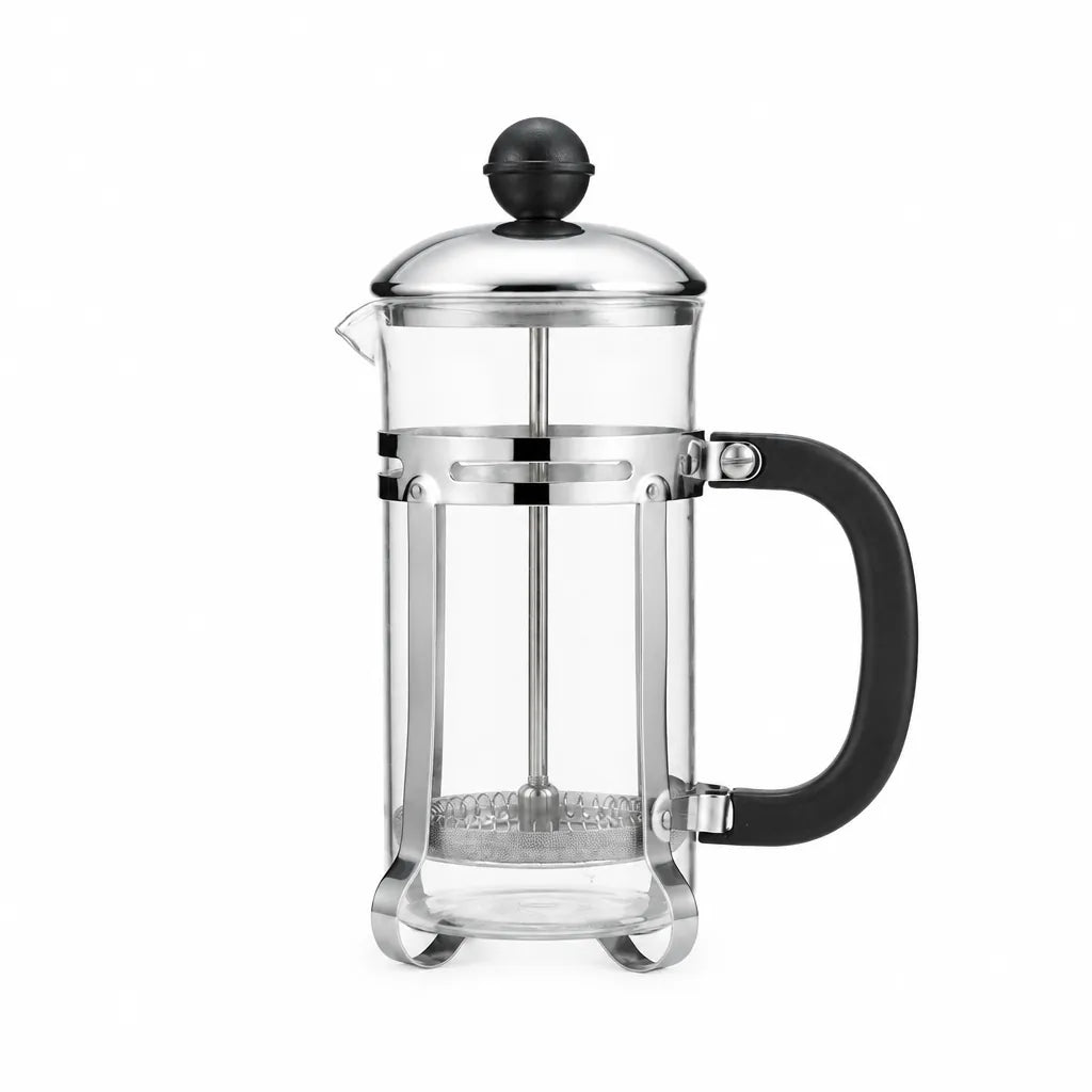 Glass French press coffee maker with chrome lid and black handle on a white background