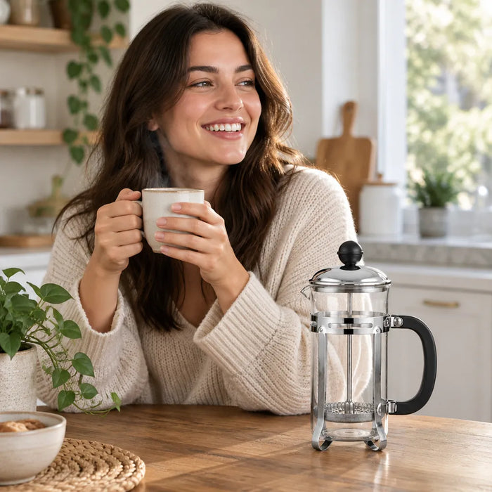Smiling woman holding a cup of coffee with a glass French press on the kitchen table