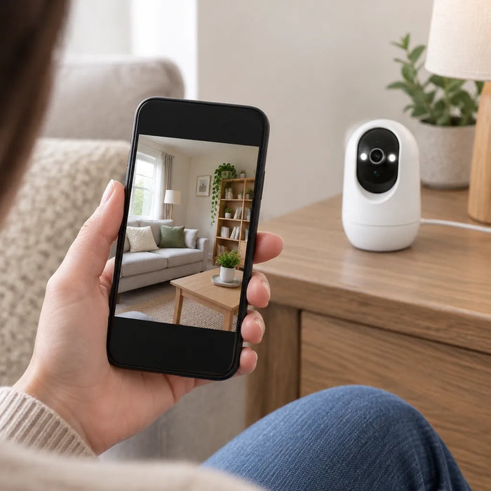 Woman watching her living room live on her phone from the WiFi camera