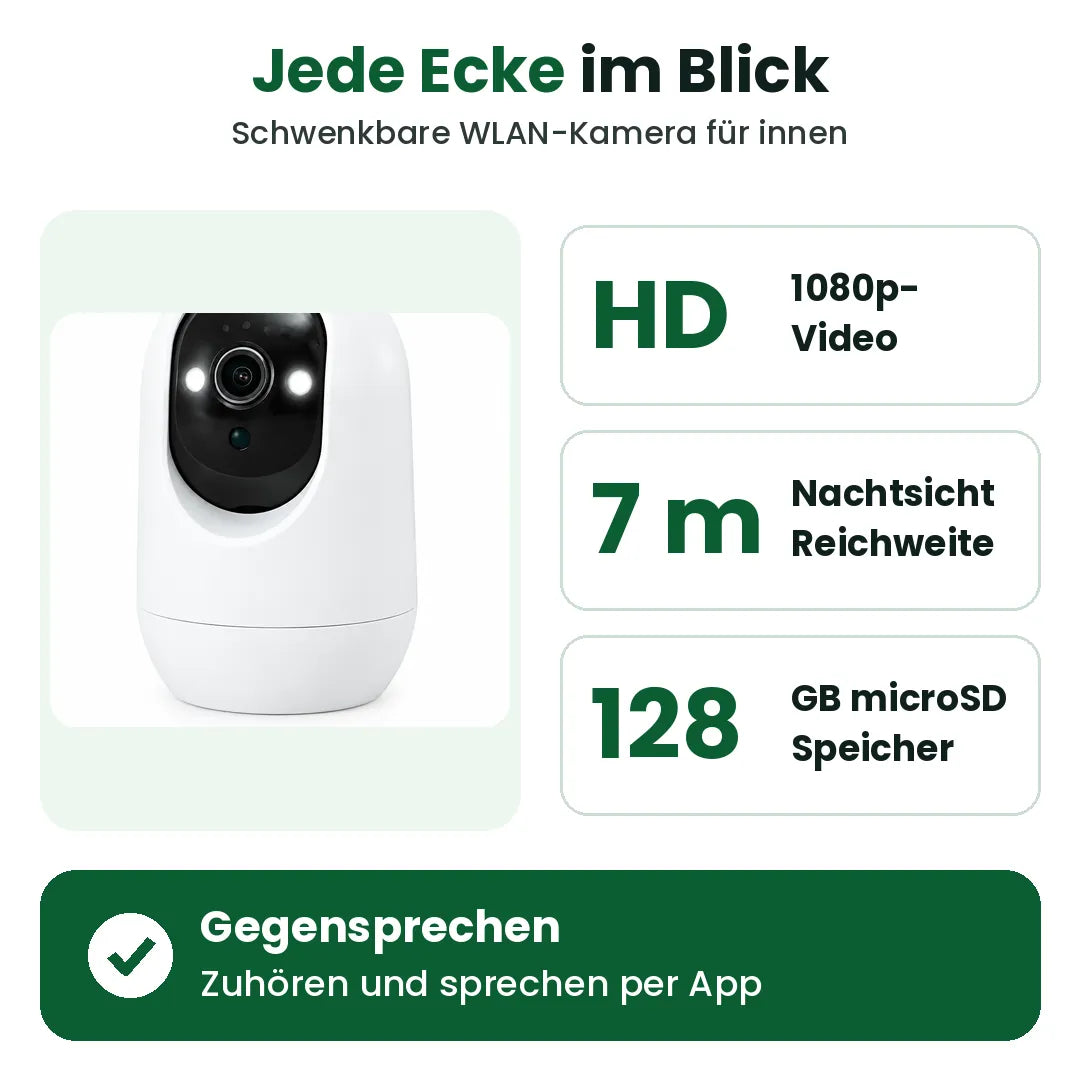 Überwachungskamera mit 1080p-Video, 7 m Nachtsicht, 128 GB microSD und Gegensprechen