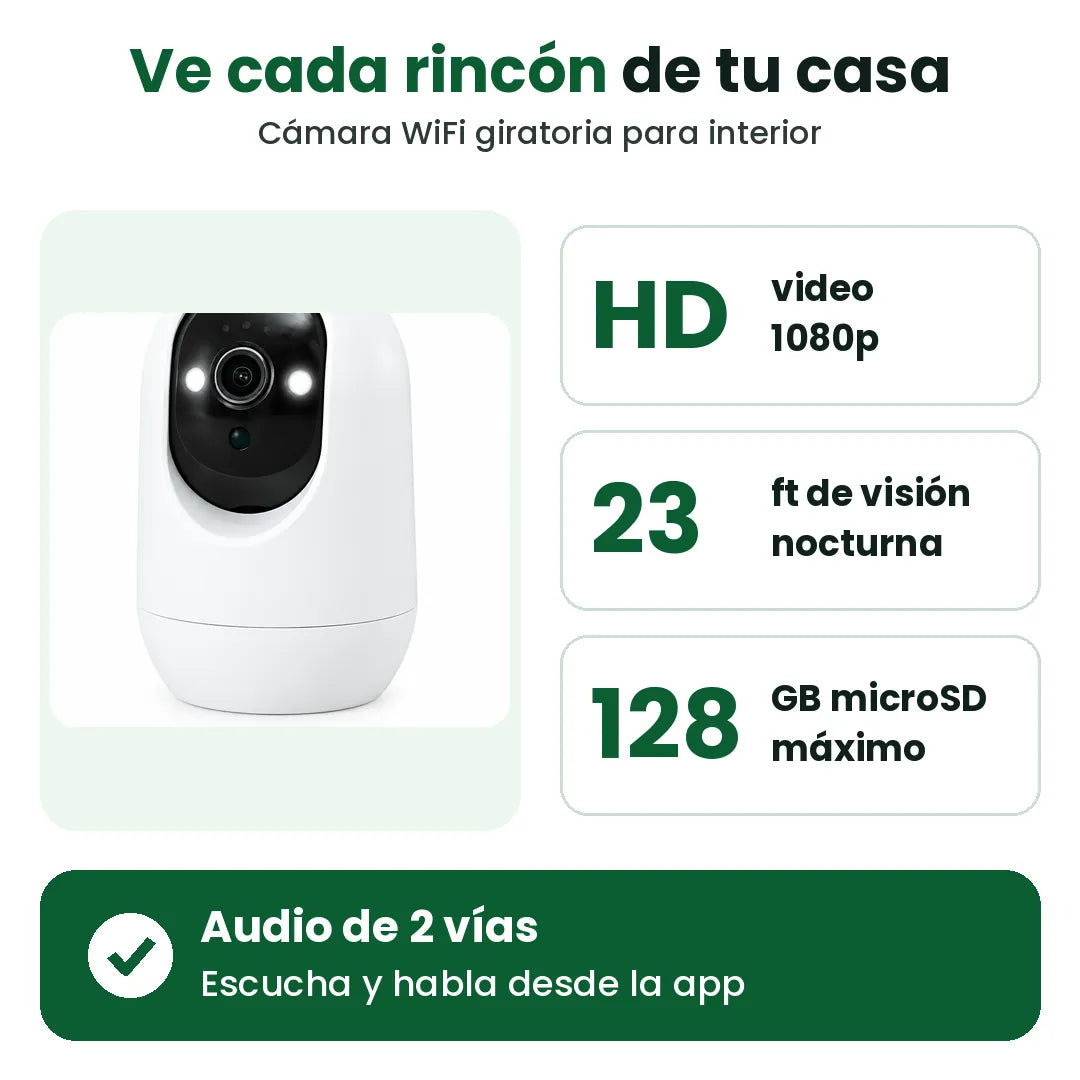Cámara de seguridad para casa con video 1080p, visión nocturna de 23 pies, microSD de 128 GB y audio de dos vías