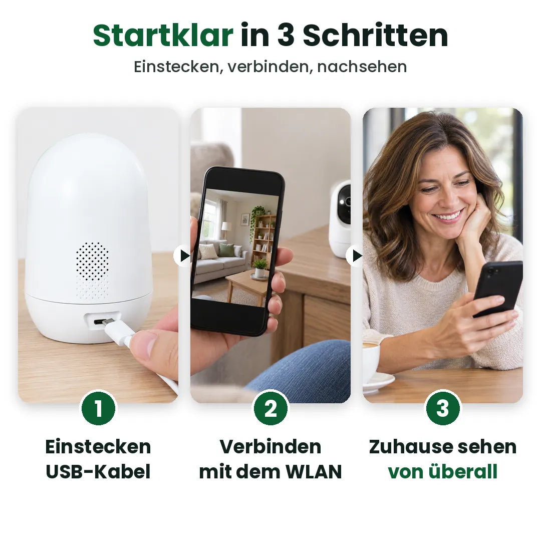 Drei Schritte zur WLAN-Kamera: einstecken, mit WLAN verbinden, Zuhause von überall sehen
