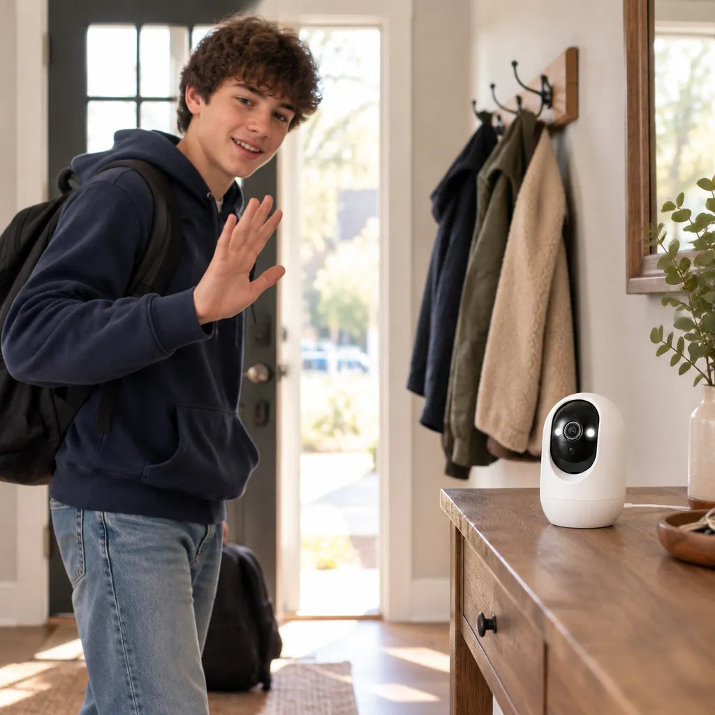 Teen arriving home in the entryway with a home security camera on the console table