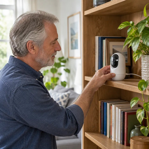Older man placing a WiFi indoor camera on his living room bookshelf