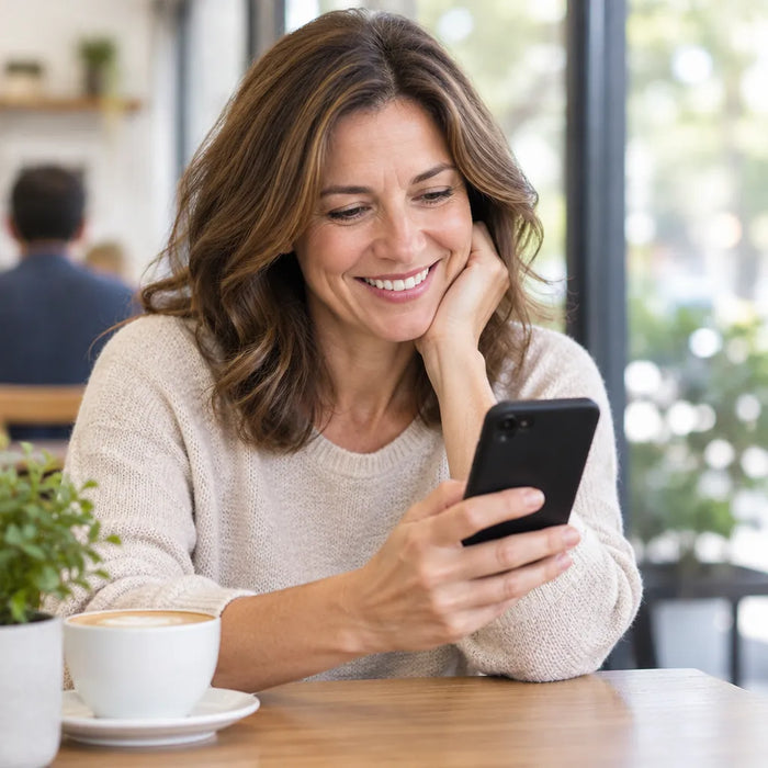 Smiling woman at a cafe checking her home camera on her phone