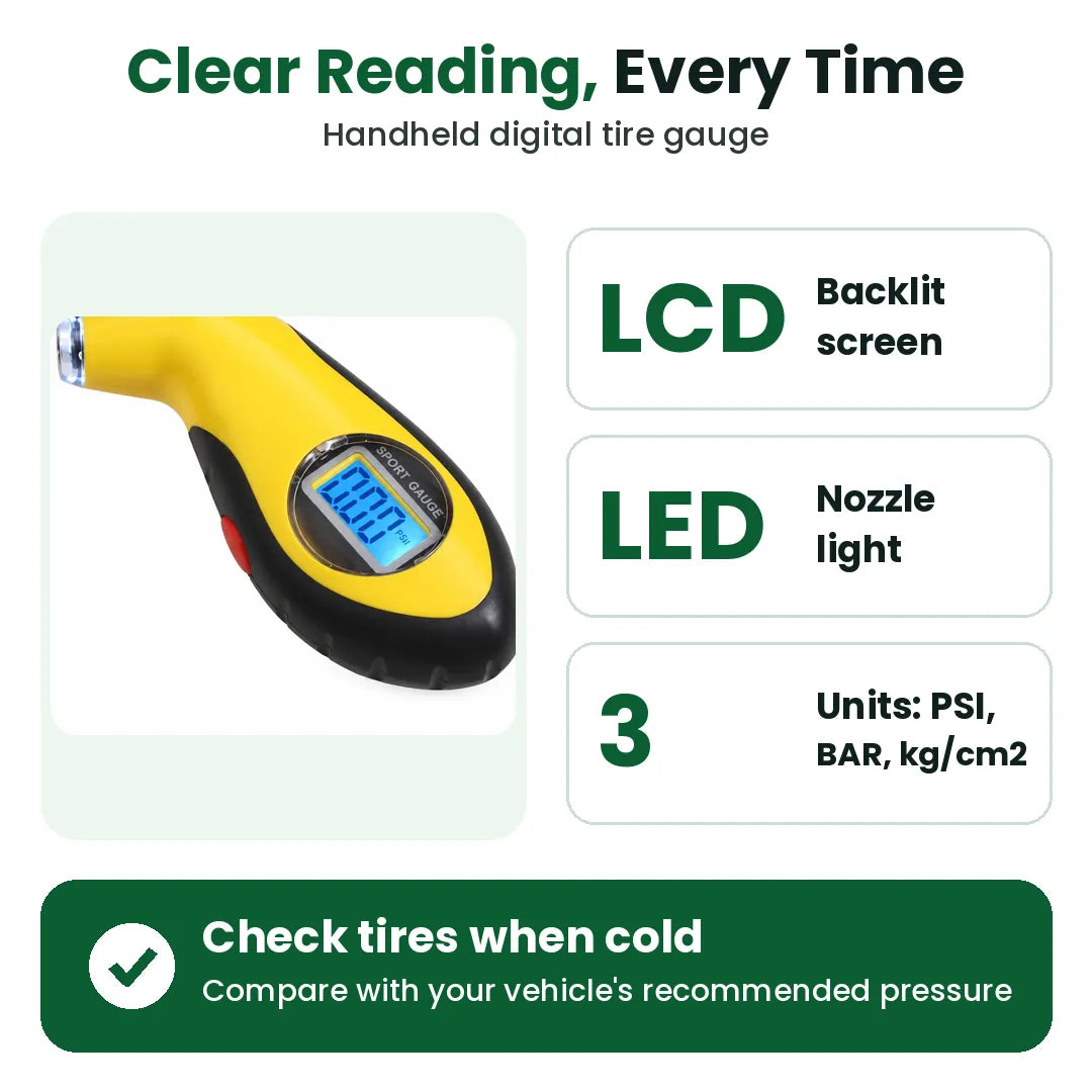 Digital tire pressure gauge with backlit LCD screen, LED nozzle light and three pressure units