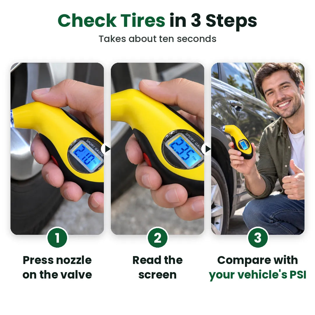 Three steps to check tire pressure with a digital tire gauge: press, read, compare