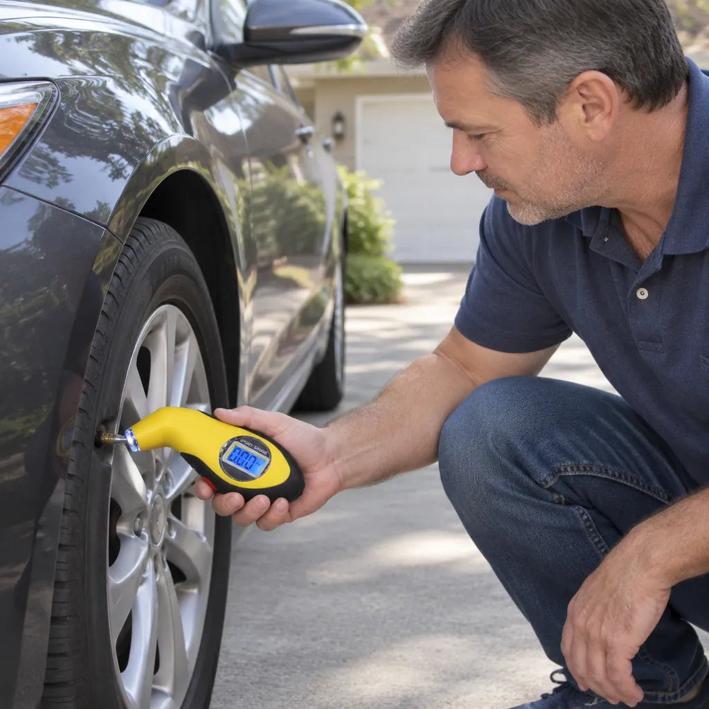 Man crouching by his car in the driveway checking tire pressure with a digital tire gauge