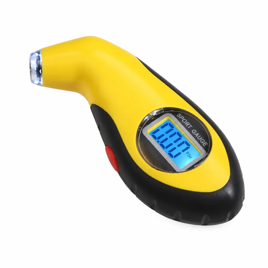 Yellow and black handheld digital tire pressure gauge with backlit LCD screen on white background