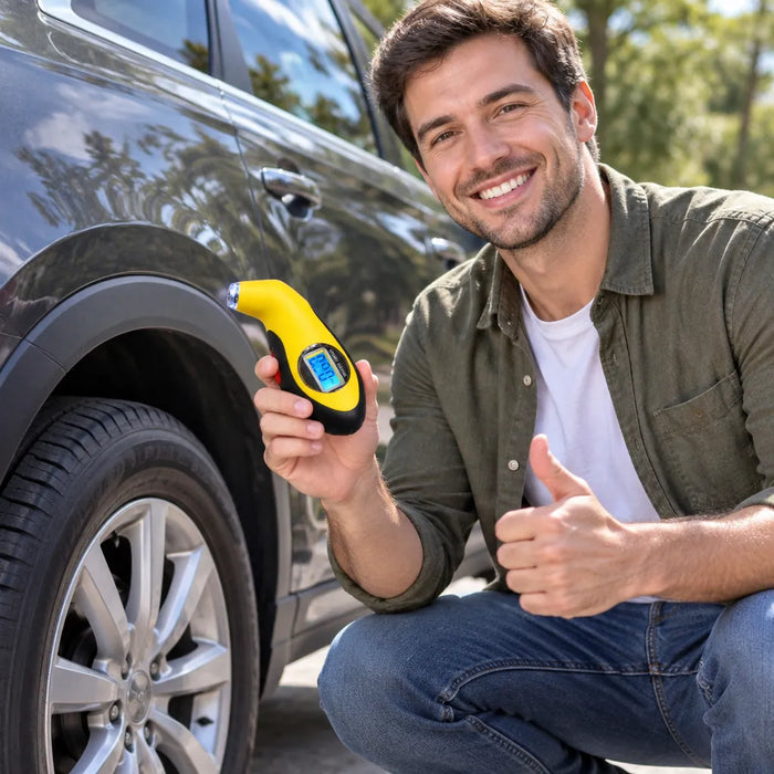 Conductor sonriente junto a su auto con un medidor de presión de llantas digital después de revisar la llanta