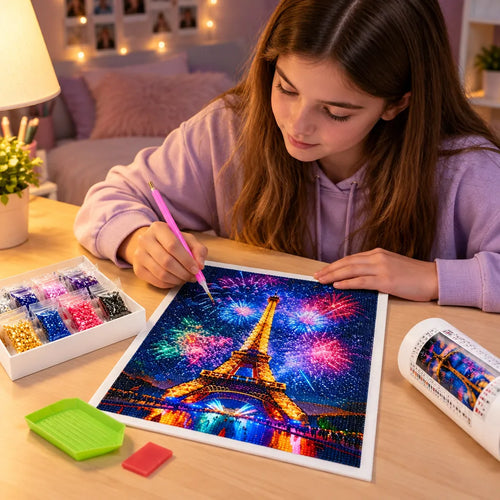 Teenager setzt am Schreibtisch Diamanten auf ein Diamond Painting Set