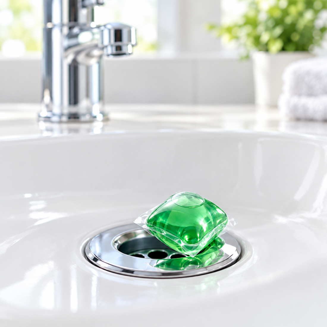 Cápsula sobre el desagüe de un lavabo