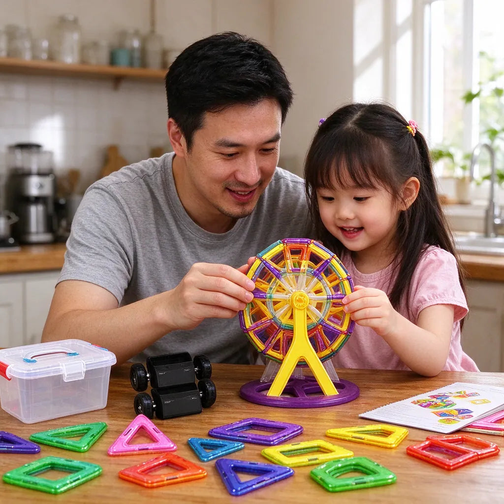 Father and daughter building a Ferris wheel with magnetic tiles at the table